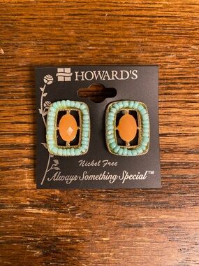 Howard's Turquoise Peach Beaded Frame Clip On Earrings Hypoallergenic NWT